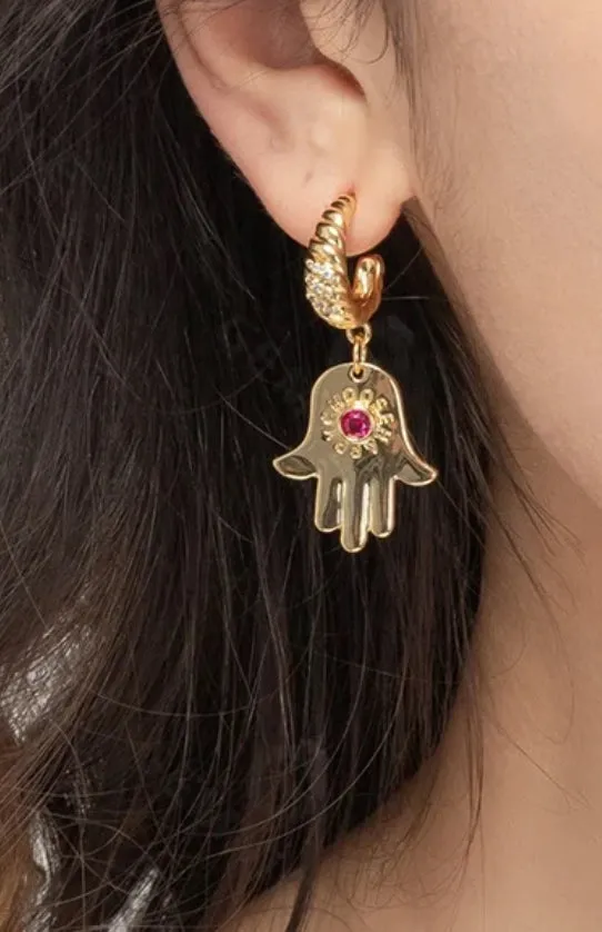 Boho & Mala Ruby Hand 18k Gold Plated Hoop Earrings