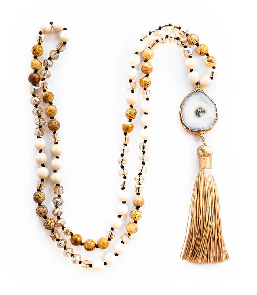 Boho & Mala Tribal Solar Quartz Agate Slice Tassel Necklace TN10081