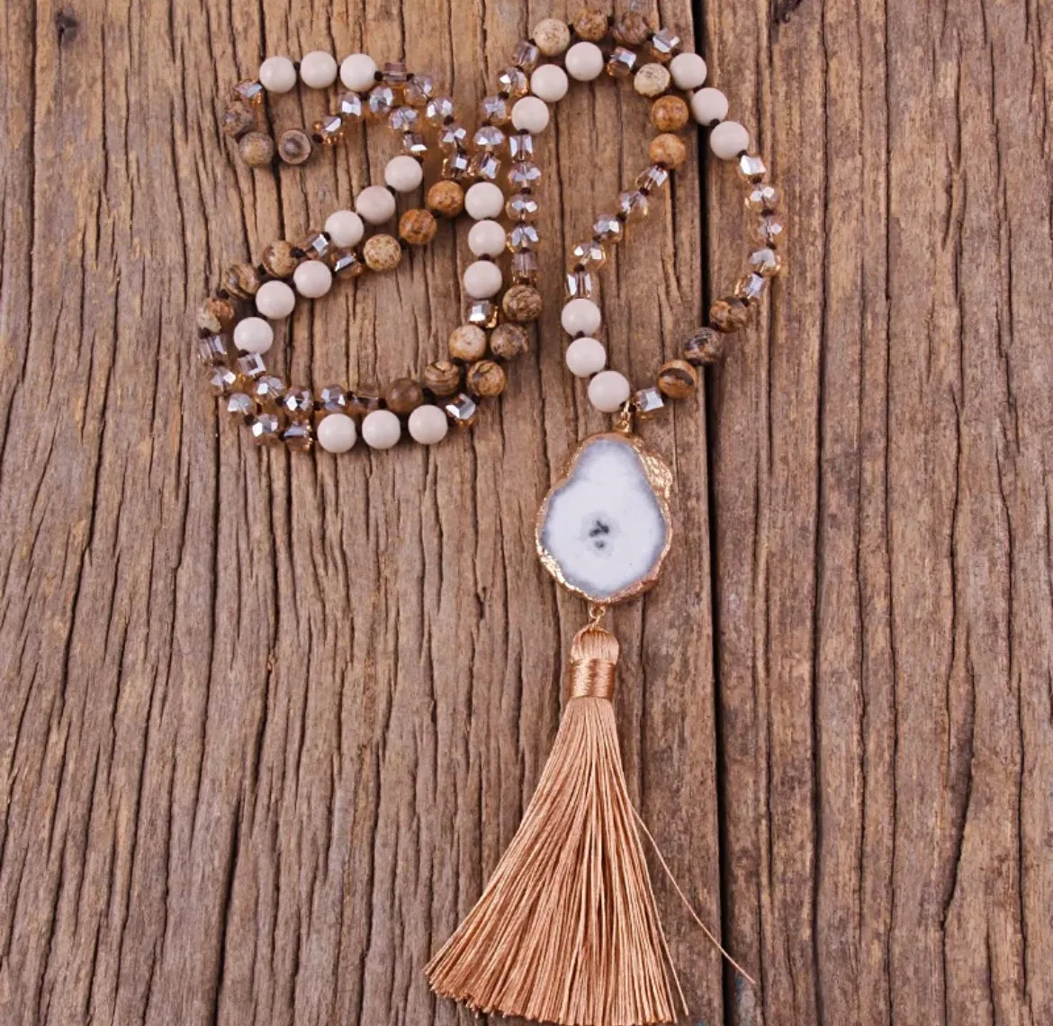 Boho & Mala Tribal Solar Quartz Agate Slice Tassel Necklace TN10081