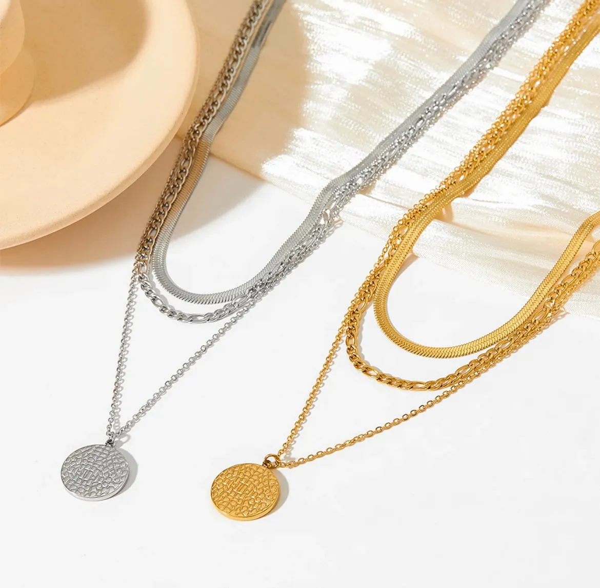 Boho & Mala Triple Layered 18k Gold Plated / Stainless Steel Necklace