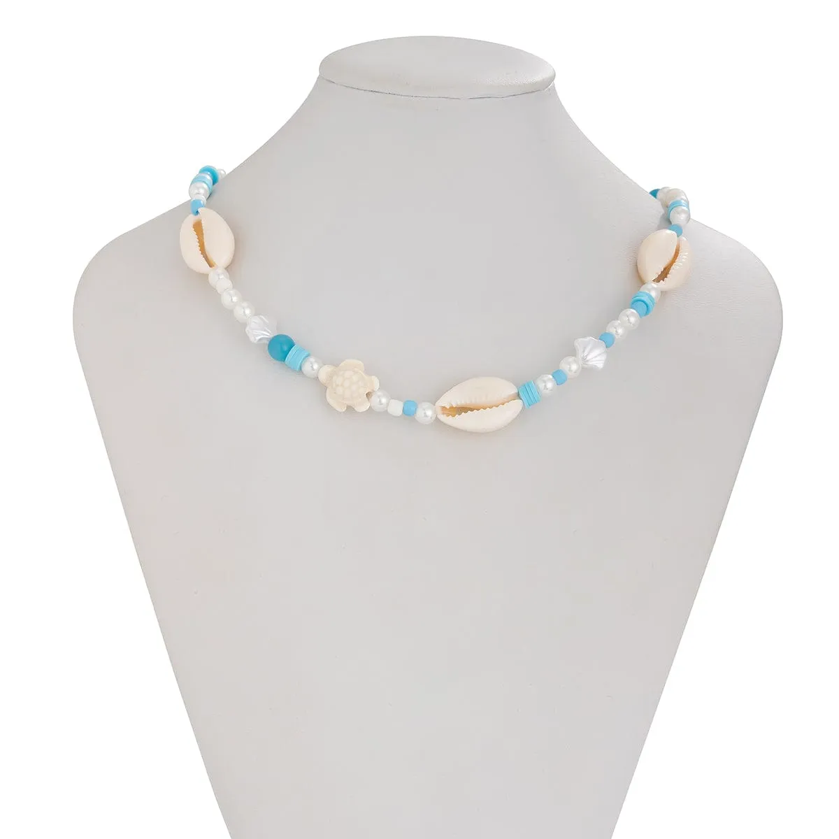 Boho Pearl Crystal Beaded Conch Turtle Necklace