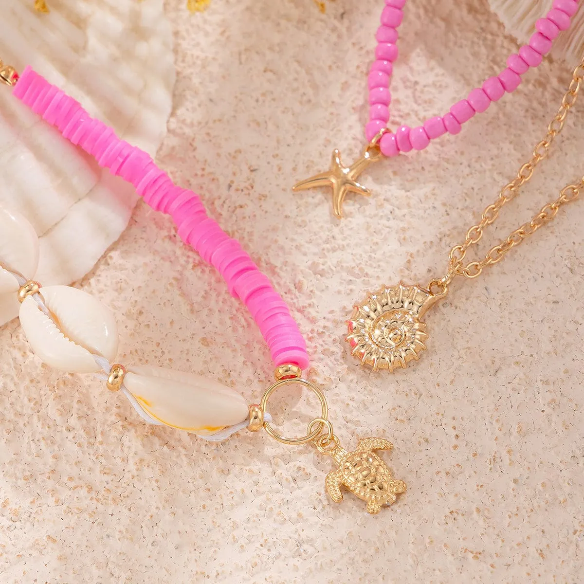 Boho Pink 3Pcs Conch Starfish Turtle Charm Seed Bead Anklet Set