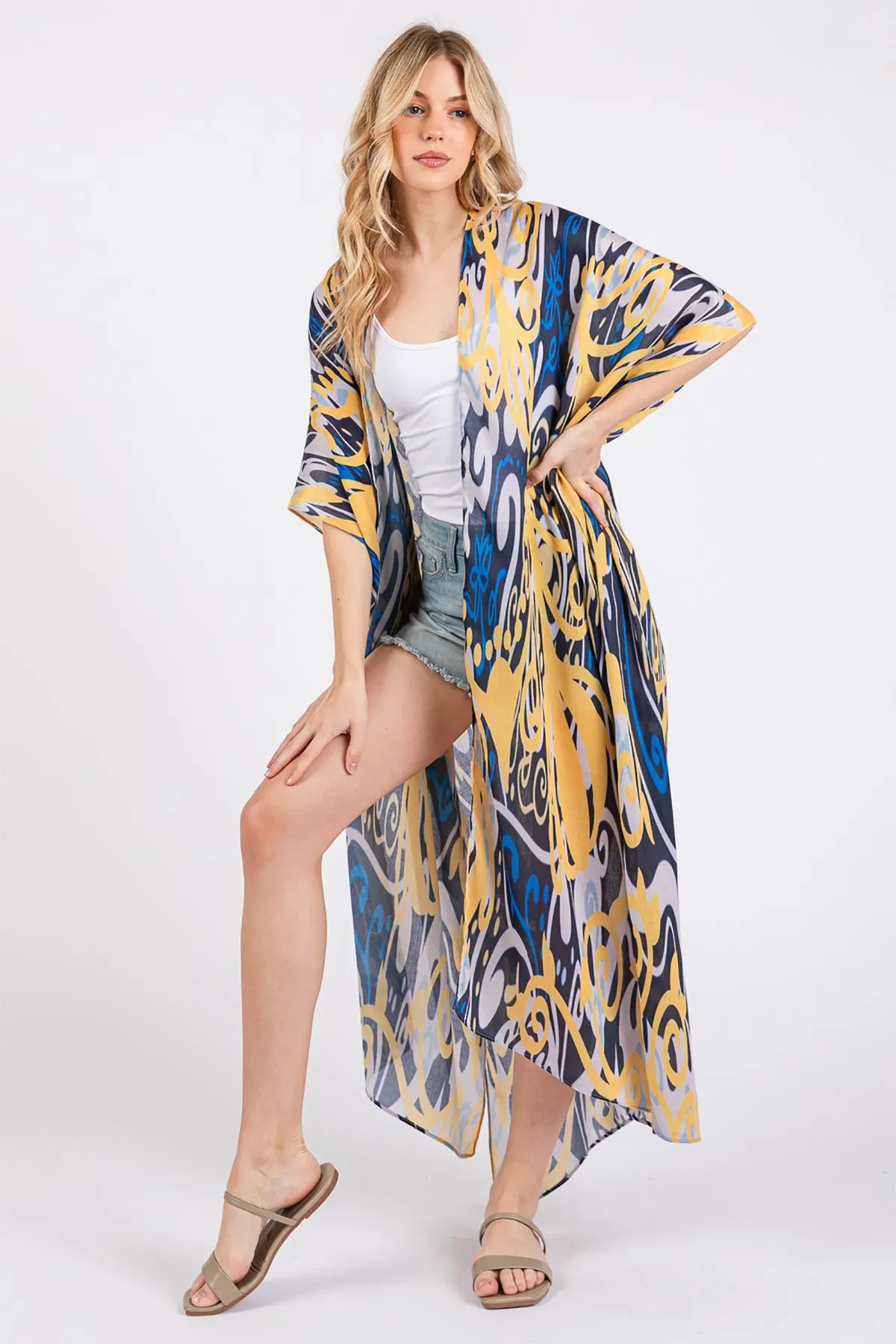 BOHO PRINT OPEN FRONT LONG KIMONO