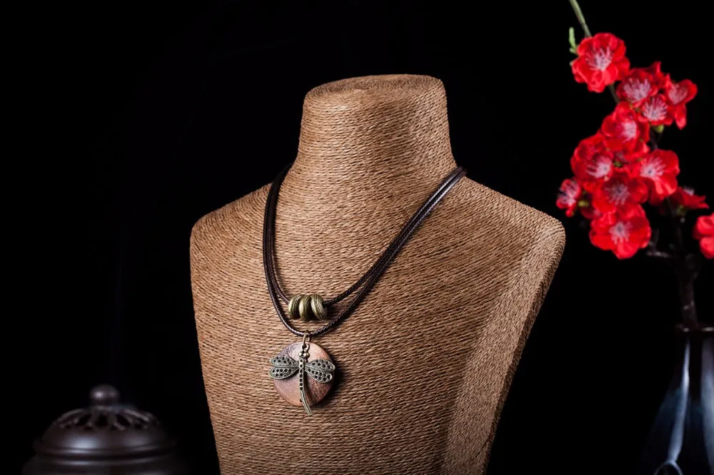 Boho Style Necklace with Wooden Dragonfly Pendant