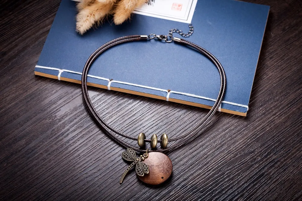 Boho Style Necklace with Wooden Dragonfly Pendant
