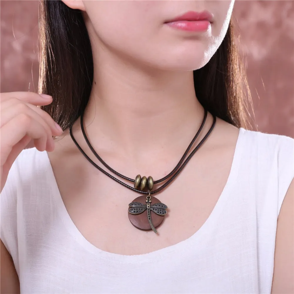 Boho Style Necklace with Wooden Dragonfly Pendant
