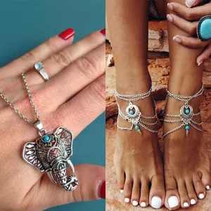 Boho Turquoise Elephant Pendant and Anklet Promo