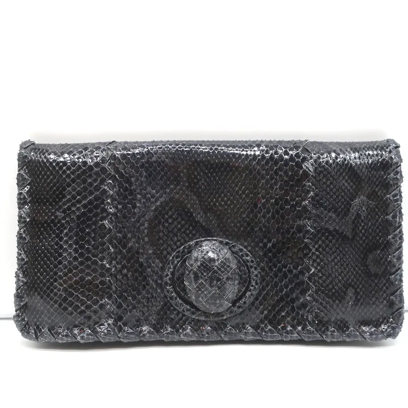Bottega Veneta Snakeskin Turnlock Clutch Bag Black/Charcoal