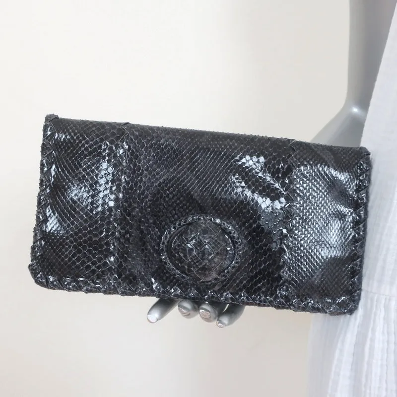 Bottega Veneta Snakeskin Turnlock Clutch Bag Black/Charcoal