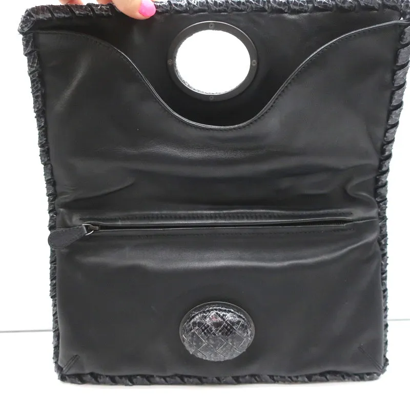 Bottega Veneta Snakeskin Turnlock Clutch Bag Black/Charcoal