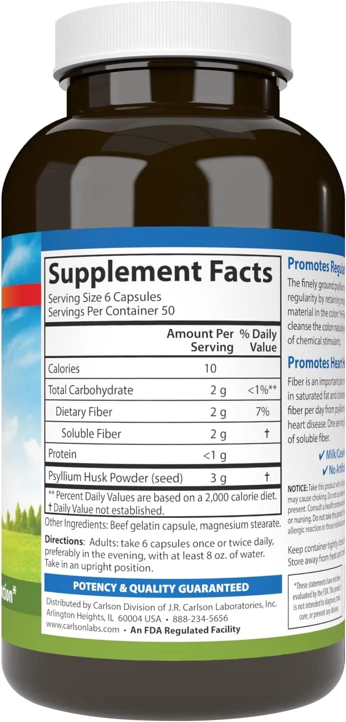 Carlson Labs Psyllium Food Supplement, 500mg, 300 Capsules