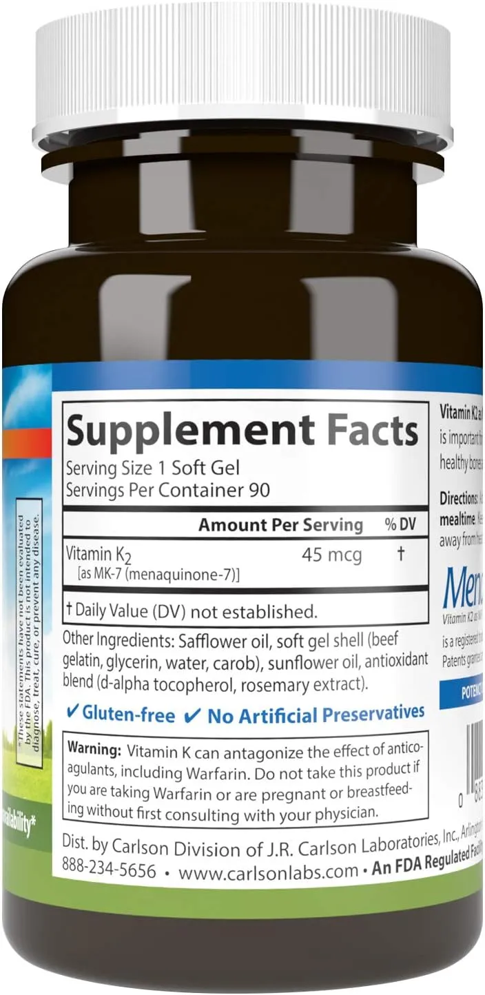Carlson Labs Vitamin K2-7 45 MCG Mineral Supplement Softgels, 90 Count