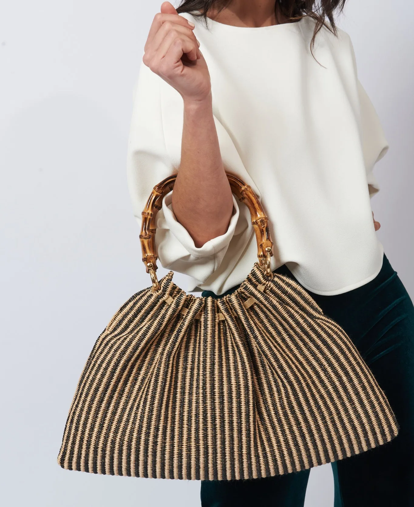 Caterina Bamboo Raffia Bag - stripes black and natural