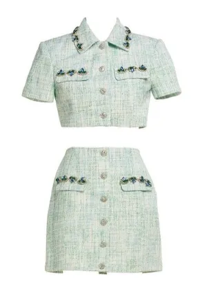 ”CHANCE FRAÎCHE“ TWEED SHORT- SLEEVED BUTTON-DOWN JACKET AND MINI SKIRT.