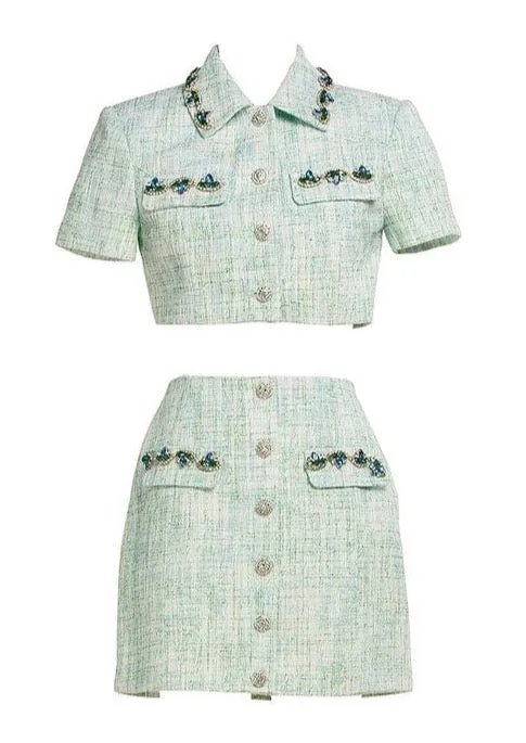 ”CHANCE FRAÎCHE“ TWEED SHORT- SLEEVED BUTTON-DOWN JACKET AND MINI SKIRT.
