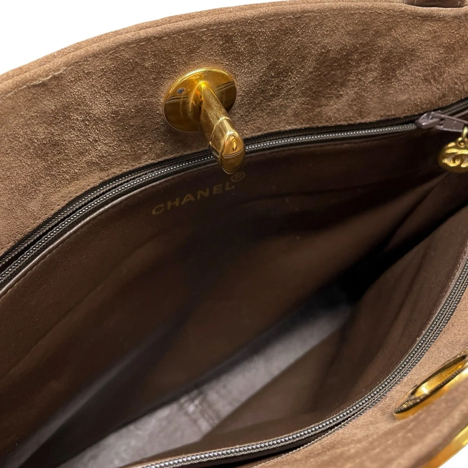 Chanel Brown Suede Logo Shoulder Bag