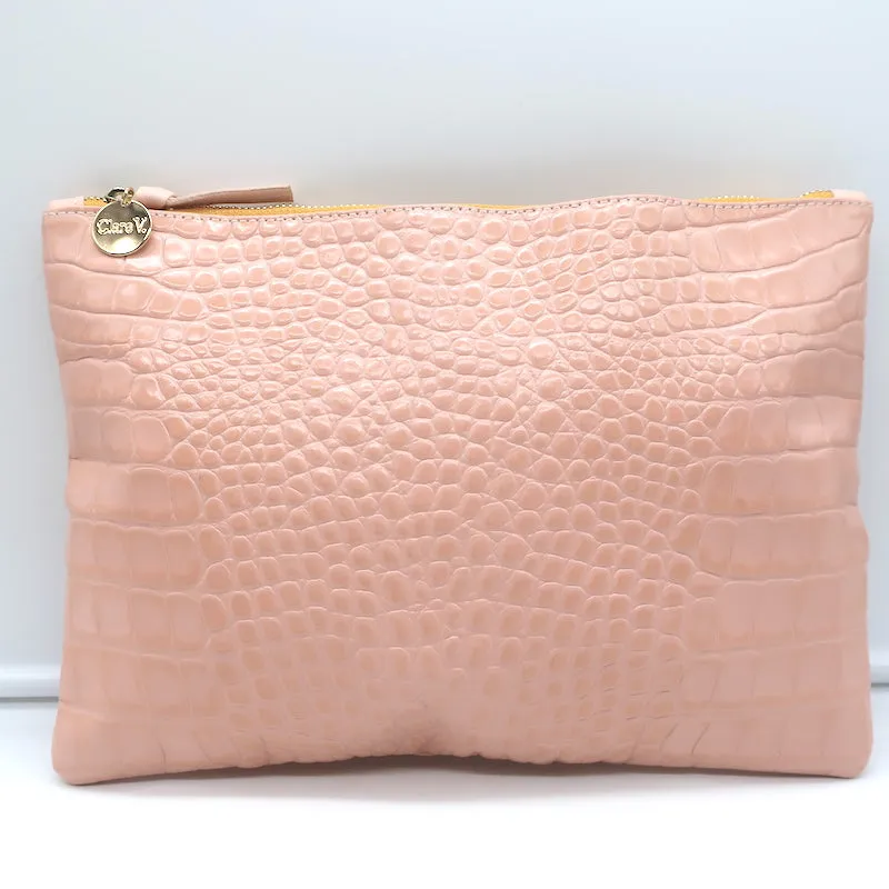 Clare V. Crocodile-Embossed Large Clutch Bag Light Pink Leather NEW