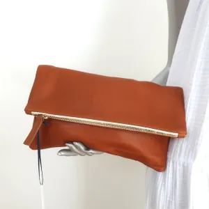 Clare V. Foldover Clutch Bag Brown Leather NEW