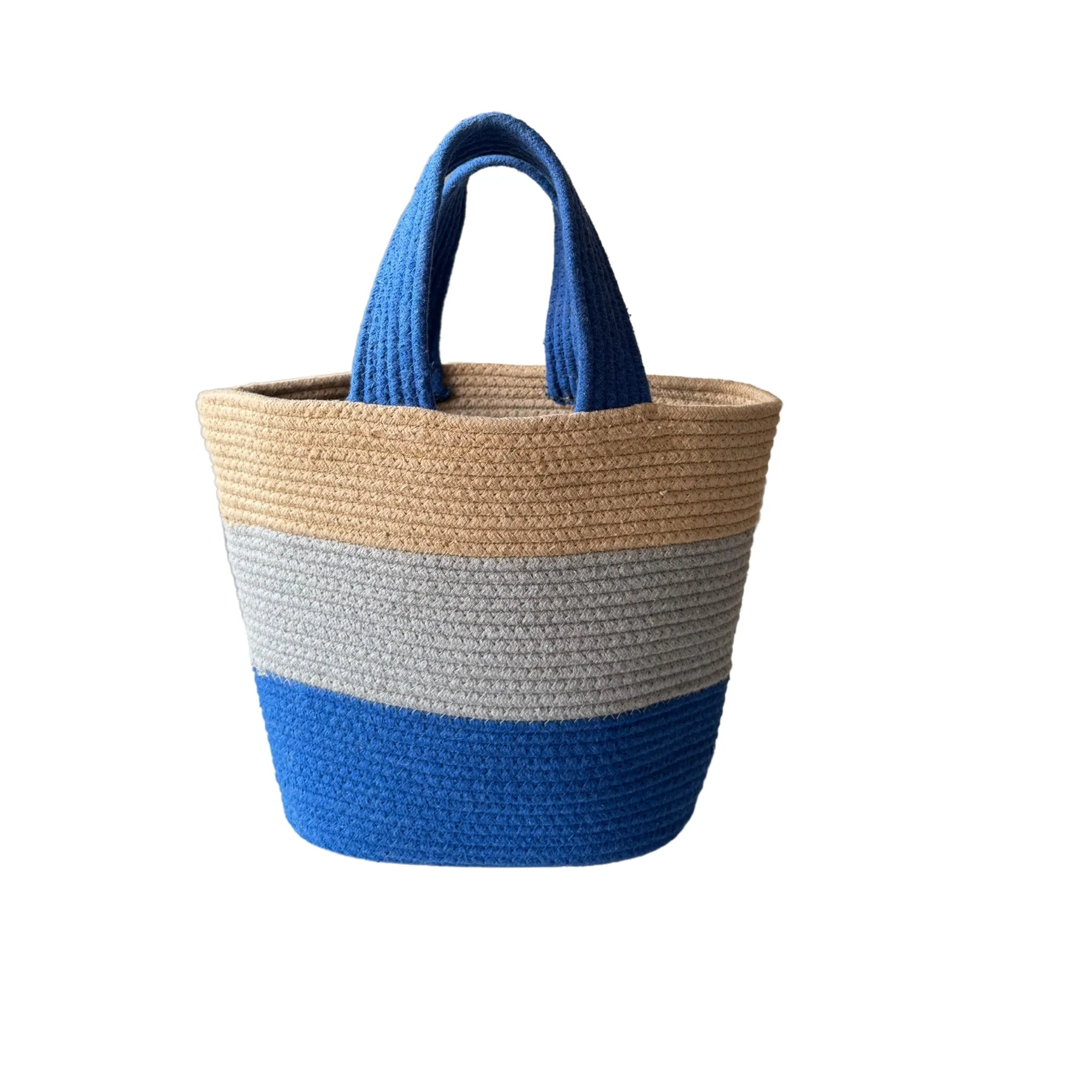 Colorblock Handwoven Cotton Rope  Tote Bag – Blue, Grey & Beige
