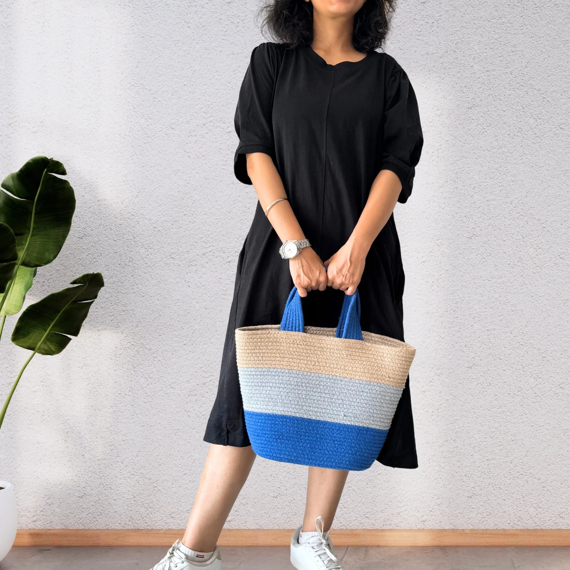 Colorblock Handwoven Cotton Rope  Tote Bag – Blue, Grey & Beige