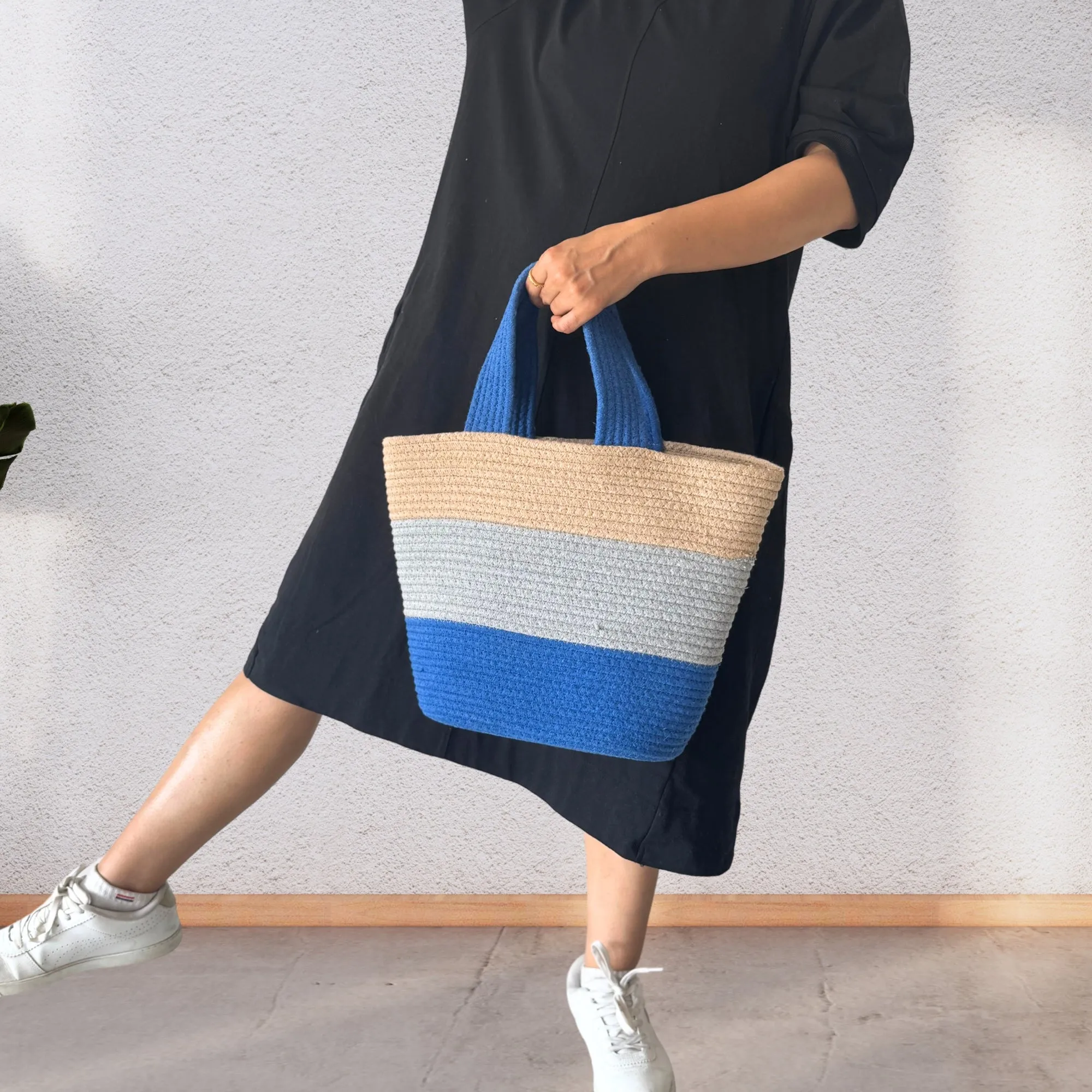 Colorblock Handwoven Cotton Rope  Tote Bag – Blue, Grey & Beige