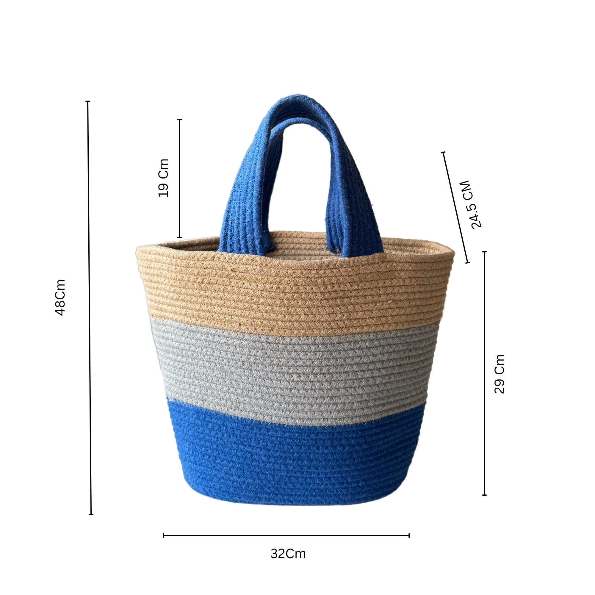 Colorblock Handwoven Cotton Rope  Tote Bag – Blue, Grey & Beige