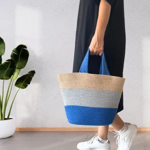 Colorblock Handwoven Cotton Rope  Tote Bag – Blue, Grey & Beige