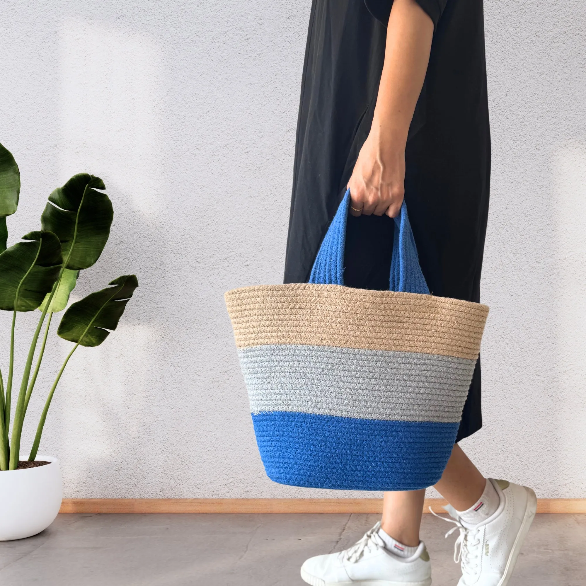 Colorblock Handwoven Cotton Rope  Tote Bag – Blue, Grey & Beige