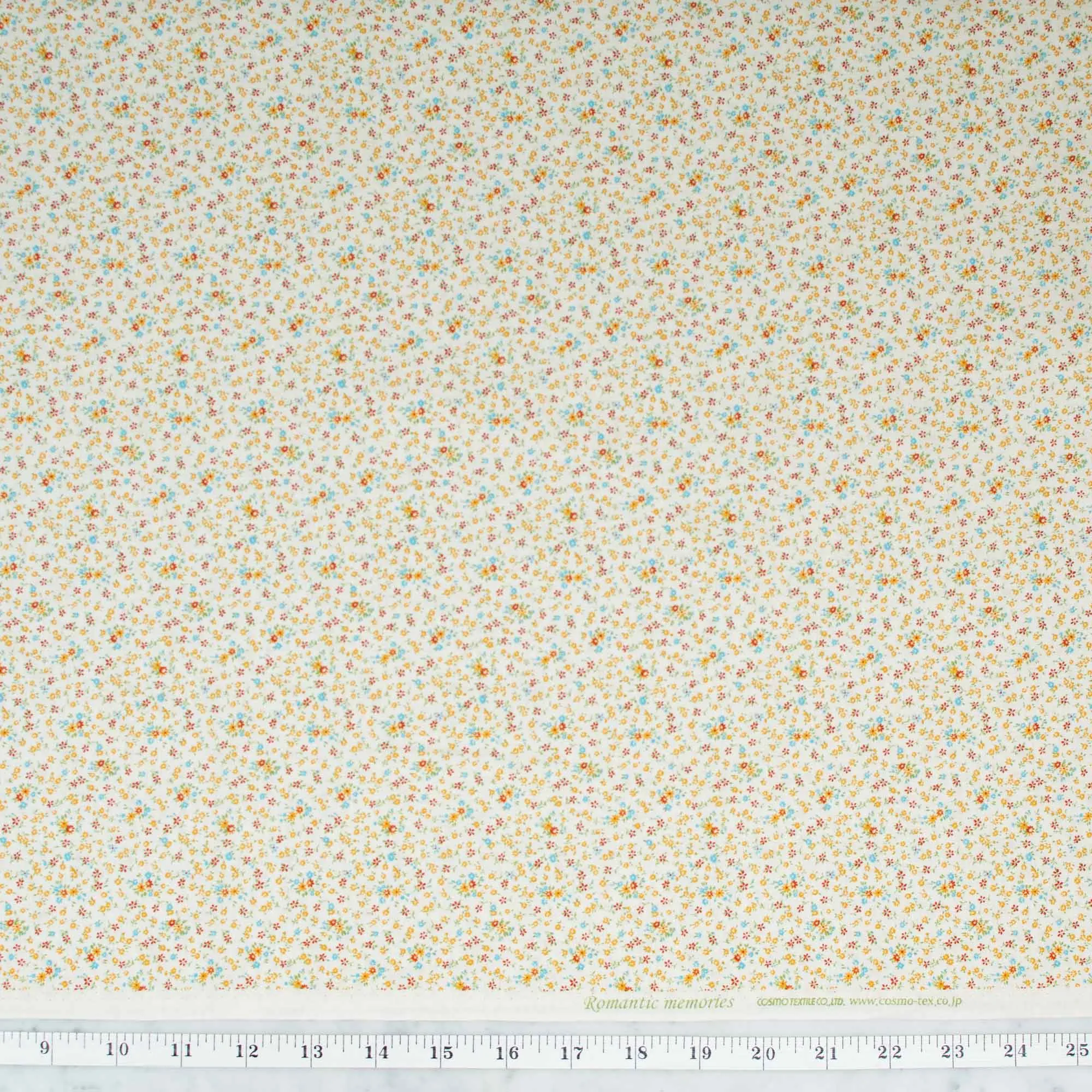 Cosmo Textiles - Romantic Memories - Tiny Golden Red and Teal Flowers on Cream