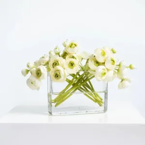 Cream & Green Mini Ranunculus Centerpiece In Glass Vase
