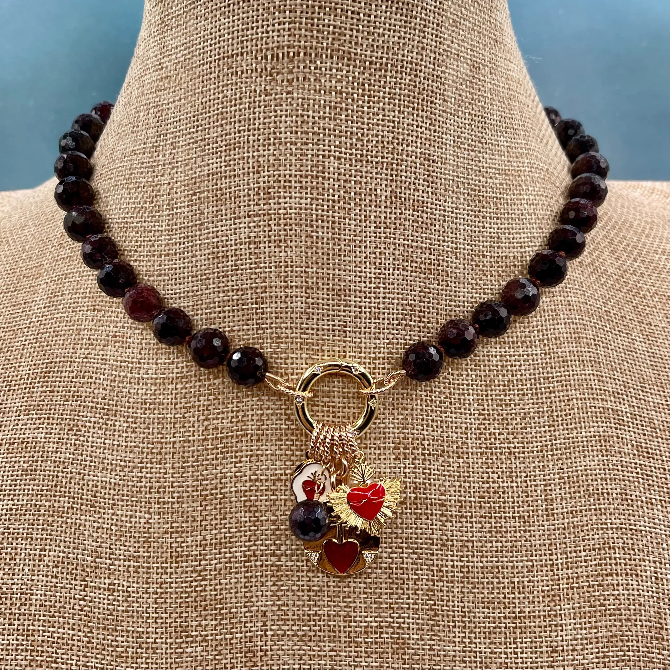 Deep Red Garnet Sacred Heart Charm Necklace