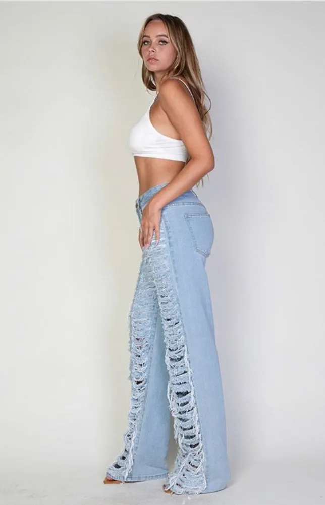 Destroyed Fringe Denim Pants