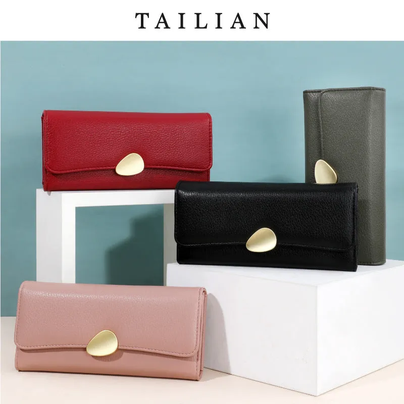 Durable Women's Lychee Pattern Three-fold Long Handbags