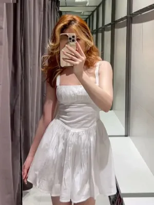 Elegant Solid  Slim Mini Dress Sexy Sleeveless Backless A-Line Pleated Hem Party Dress