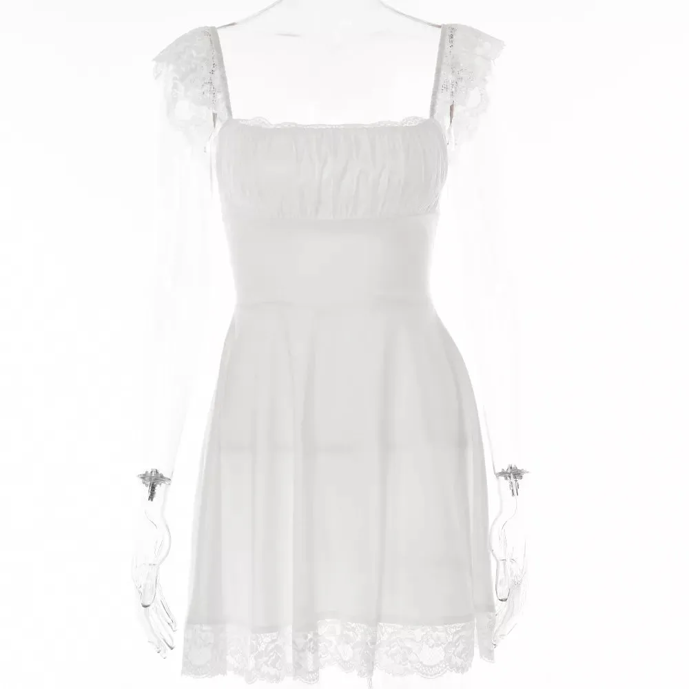 Elegant White Lace Strap Mini Dress For Women Boutique Fashion Sleeveless Backless Loose Sexy Short A-Line Dresses White, Black