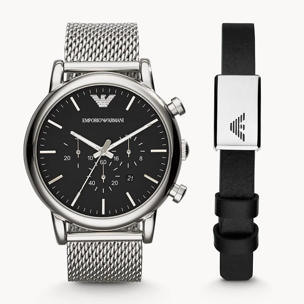EMPORIO ARMANI CHRONOGRAPH STAINLESS STEEL MESH WATCH AND BRACELET SET