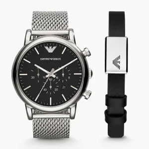 EMPORIO ARMANI CHRONOGRAPH STAINLESS STEEL MESH WATCH AND BRACELET SET