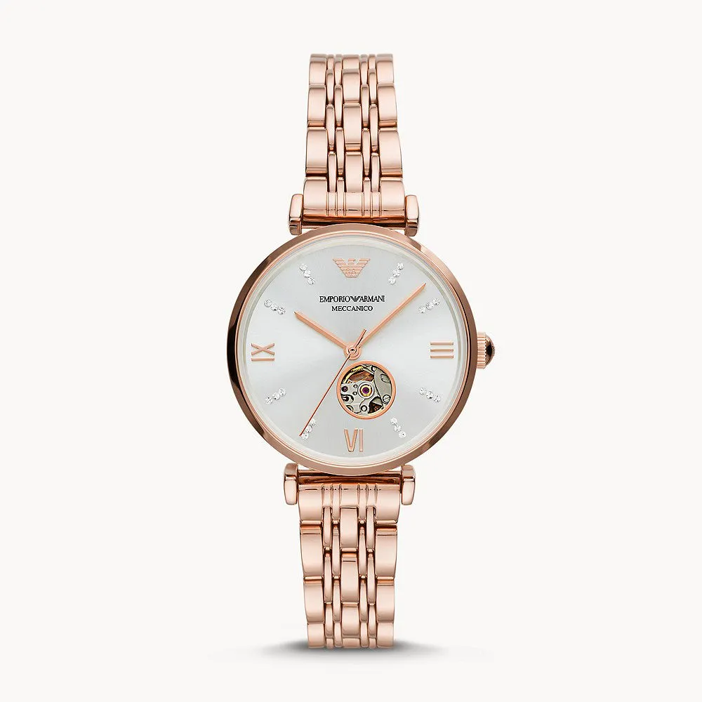 EMPORIO ARMANI THREE-HAND ROSE GOLD-TONE STAINLESS STEEL WATCH