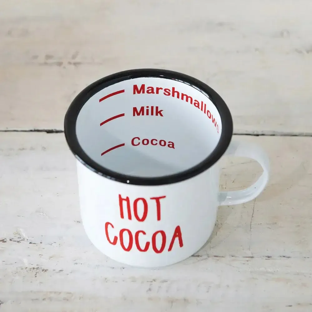 ENAMELED MUG "HOT COCOA" WHITE WITH BLACK RIM