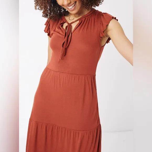 FAT FACE “Suki” Boho Ruffled Maxi Dress Tie Neck Rust Orange Size 14
