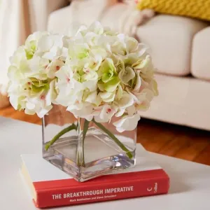 Faux Hydrangea Floral Arrangement in Glass Vase