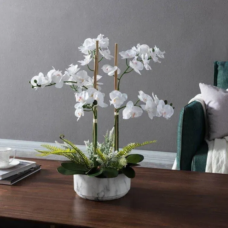 Faux White Orchid Floral Centerpiece in Marbled Pot