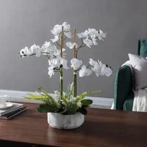 Faux White Orchid Floral Centerpiece in Marbled Pot