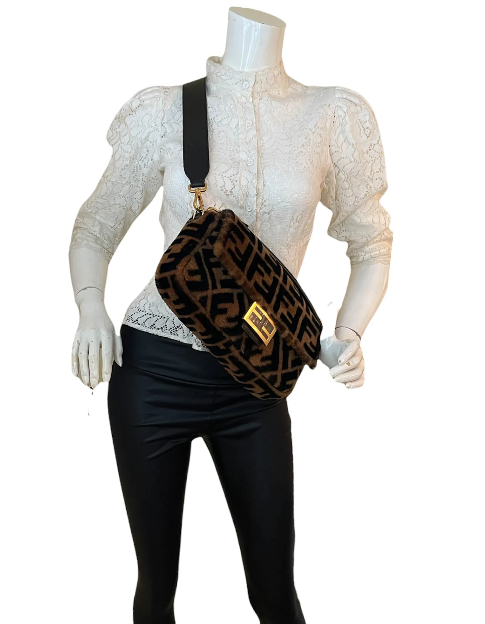 Fendi Brown Monogram Sheepskin Baguette NM Bag w/ Two Straps