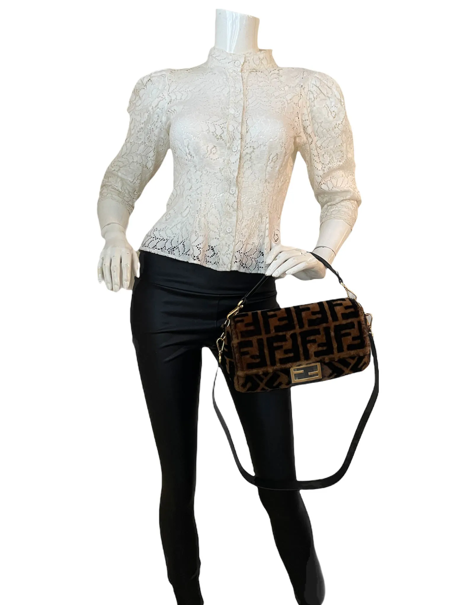 Fendi Brown Monogram Sheepskin Baguette NM Bag w/ Two Straps