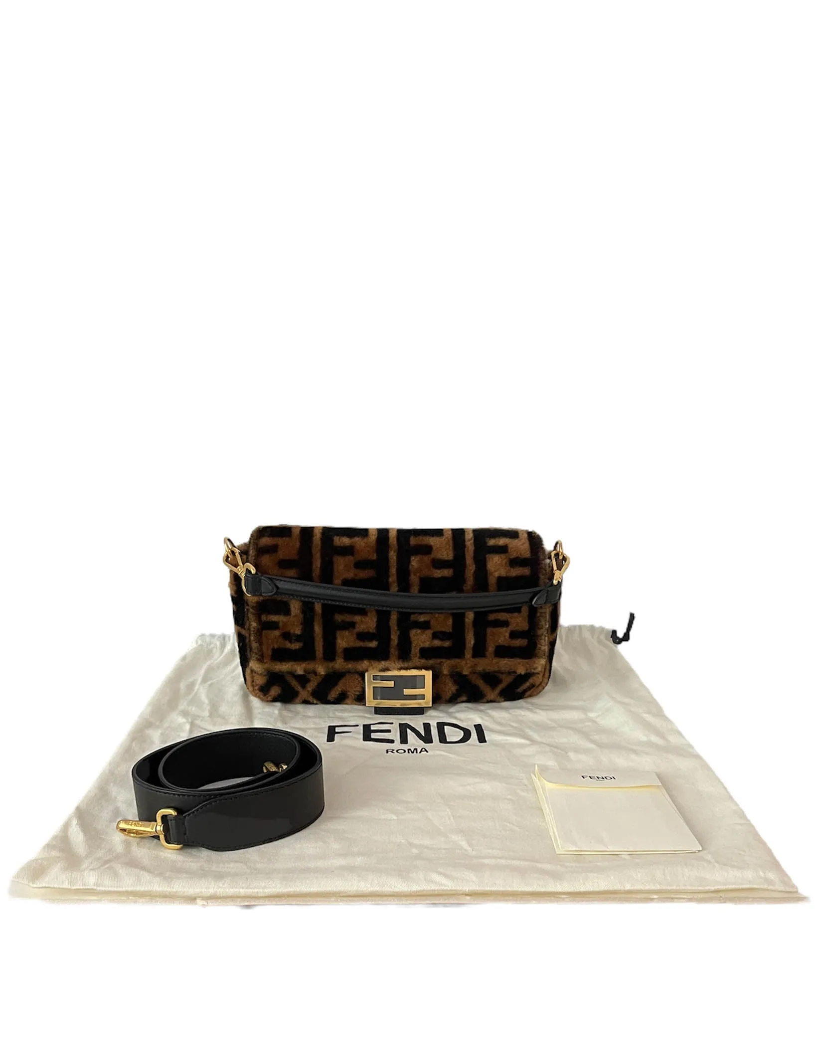 Fendi Brown Monogram Sheepskin Baguette NM Bag w/ Two Straps