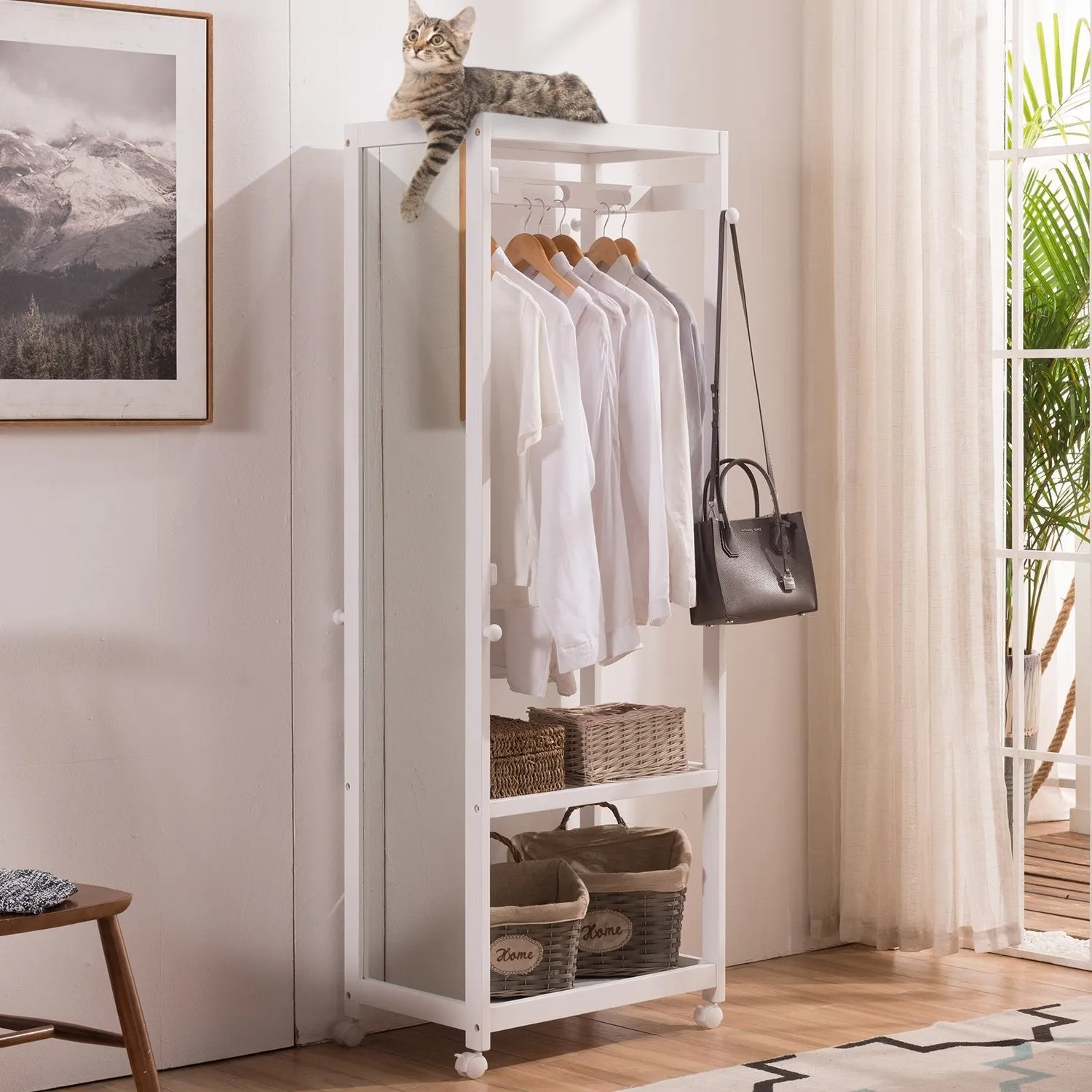 Free Standing Armoire Wardrobe Closet with Full Length Mirror, 67'' Tall Wooden Closet Storage Wardrobe with Brake Wheels,Hanger Rod,Coat Hooks,Entryway Storage Shelves Organizer-Ivory White