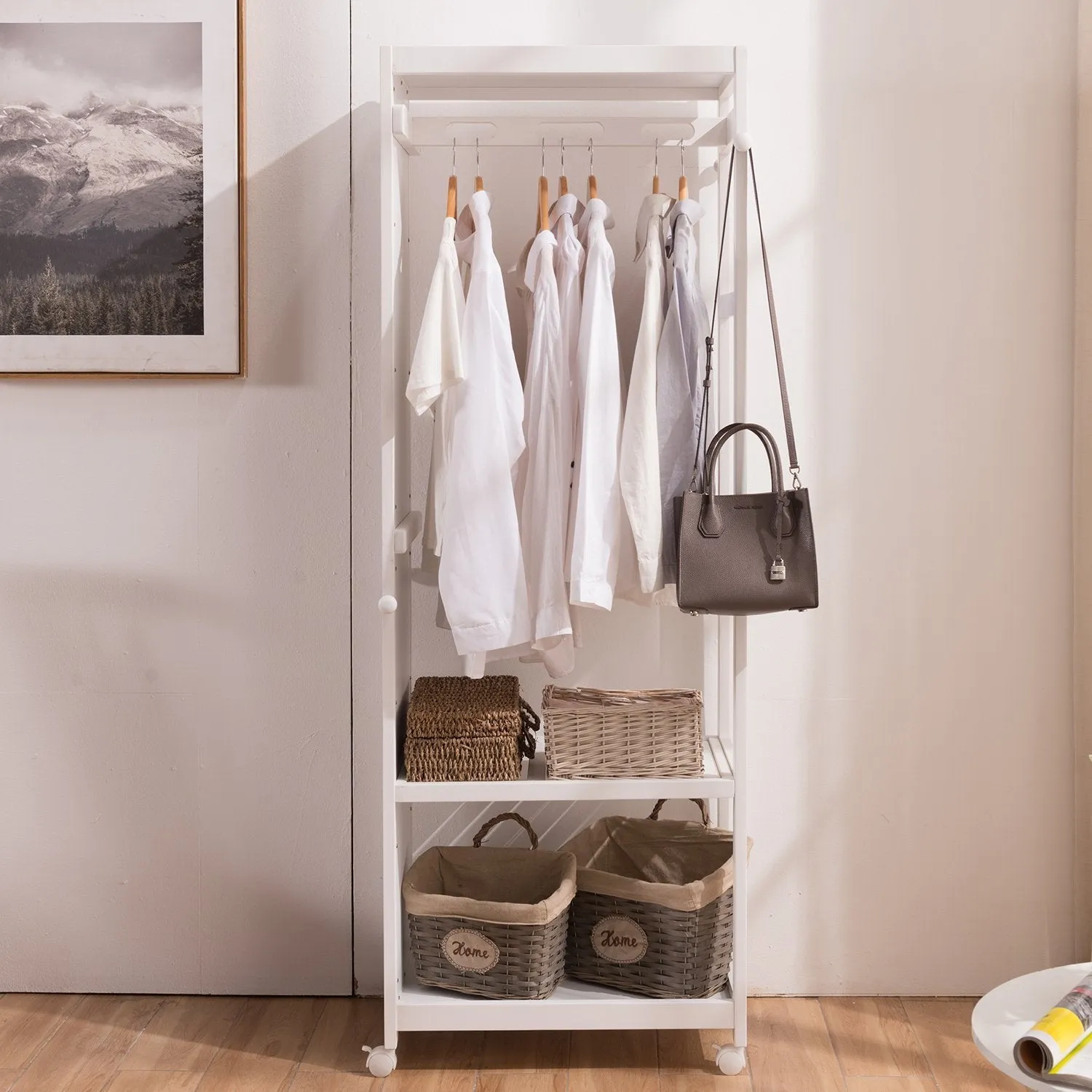 Free Standing Armoire Wardrobe Closet with Full Length Mirror, 67'' Tall Wooden Closet Storage Wardrobe with Brake Wheels,Hanger Rod,Coat Hooks,Entryway Storage Shelves Organizer-Ivory White