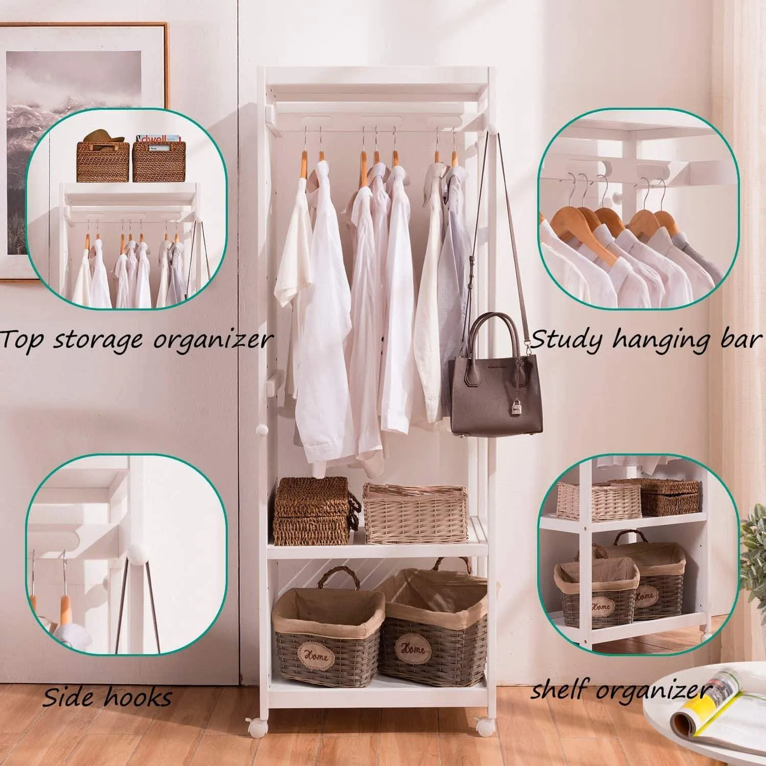 Free Standing Armoire Wardrobe Closet with Full Length Mirror, 67'' Tall Wooden Closet Storage Wardrobe with Brake Wheels,Hanger Rod,Coat Hooks,Entryway Storage Shelves Organizer-Ivory White