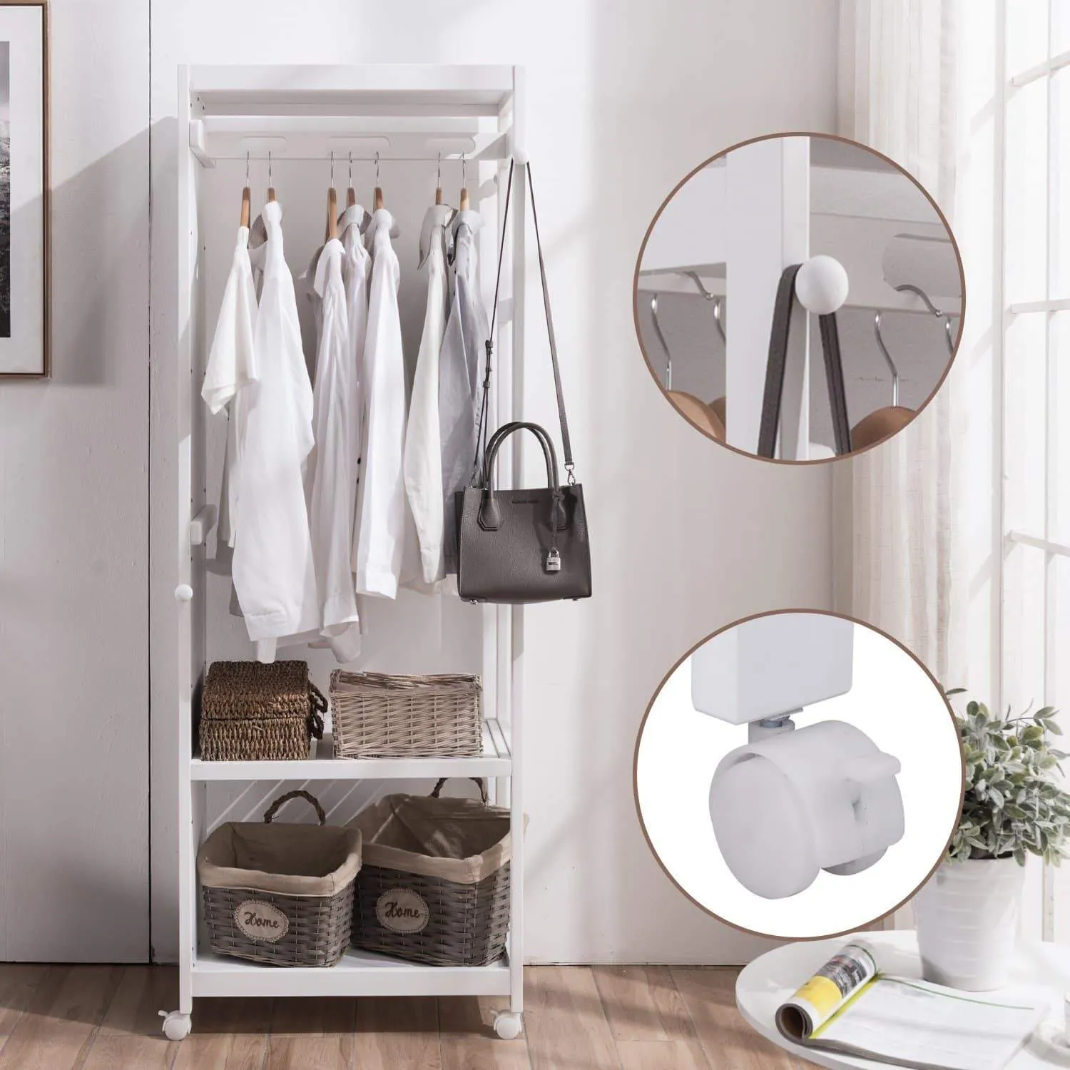 Free Standing Armoire Wardrobe Closet with Full Length Mirror, 67'' Tall Wooden Closet Storage Wardrobe with Brake Wheels,Hanger Rod,Coat Hooks,Entryway Storage Shelves Organizer-Ivory White